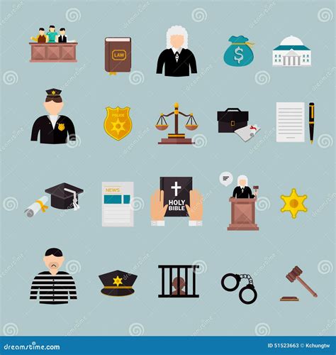 Iconos Planos Del Concepto De La Ley Y Del Juicio Fijados Ilustración