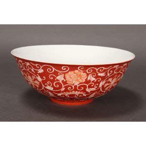 Iron Red Porcelain Bowl With Lotus Scrolls Ceramics Chinese Oriental