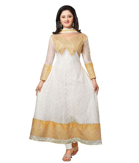 Style Mania White Embroidered Semi Stitched Net Anarkali Dress Material