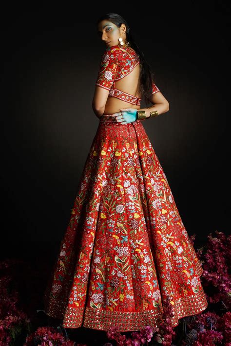 Buy Red Raw Silk Embroidery Sequin Sweetheart Floral Bridal Lehenga Set