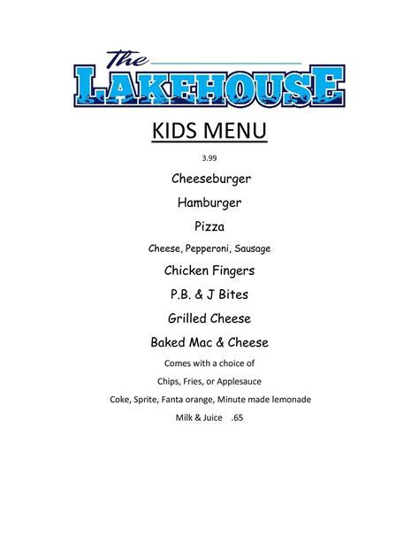 Menu at The Lakehouse Restaurant, Holiday Shores