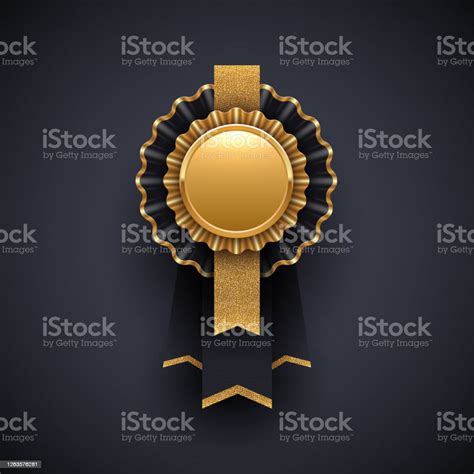 Gold And Black Award Badge With Glitter Gold Ribbon Vector Illustration