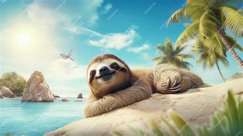 Premium Ai Image Sloth Lying On A Beach With Palm Trees In The Background