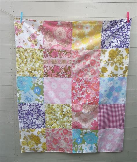 Vintage Sheet Patchwork Blanket Throw In Pinks Blue Etsy Vintage