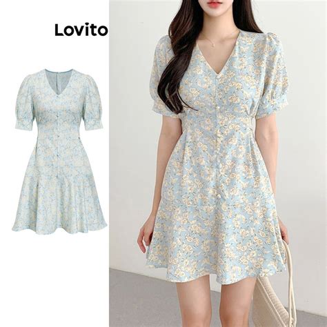 Lovito Women Casual Ditsy Floral Ruffle Hem Button Front Ditsy Floral