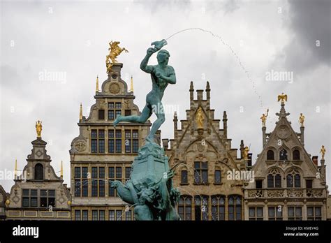 Brabo Fountain And Traditional Flemish Architecture At Grote Markt