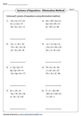 Solving Systems of Equations Worksheets with Three Variables