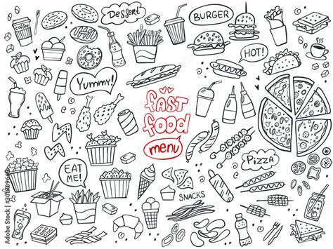 Set Of Fast Food Doodles On White Vector Illustration Perfect For