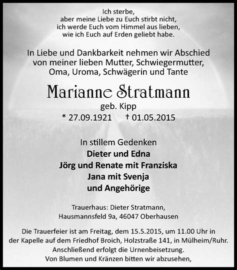 Traueranzeigen Von Marianne Stratmann Trauer In Nrw De