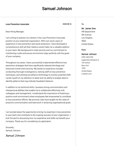 Loss Prevention Associate Cover Letter Example For 2024 Free Templates Cvdesigner Ai