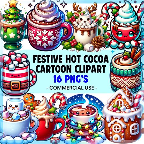 Cute Festive Hot Cocao Clipart Bundle Christmas PNG Cartoon Clipart Hot Chocolate