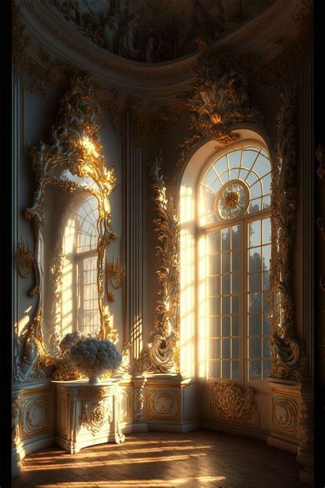 The Sun Shines Through Two Large Windows In An Ornately Decorated Room