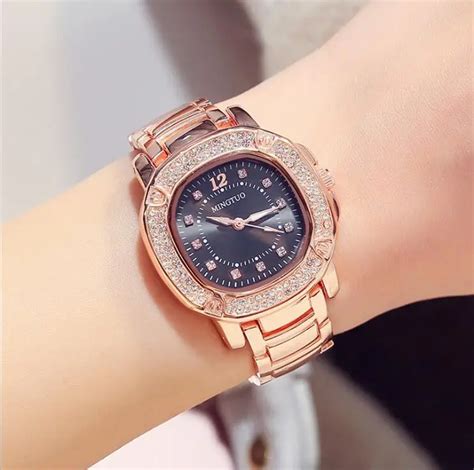 Luxury Women Rose gold Watch Brands Crystal Sliver Dial Fashion Design Bracelet Watches Ladies ...