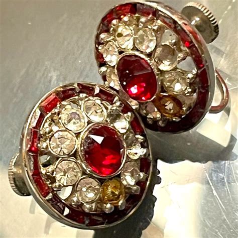 Bogoff Jewelry Bogoff Red Clear Rhinestone Screw Back Earrings Rhodium Plated 94s Vintage