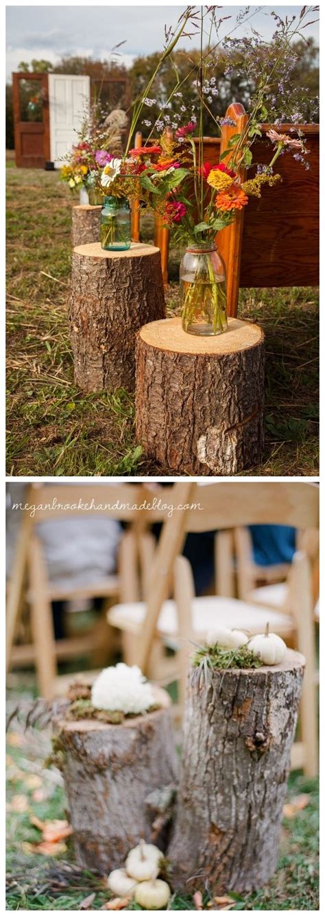 Two Pictures With Flowers In Vases On Logs