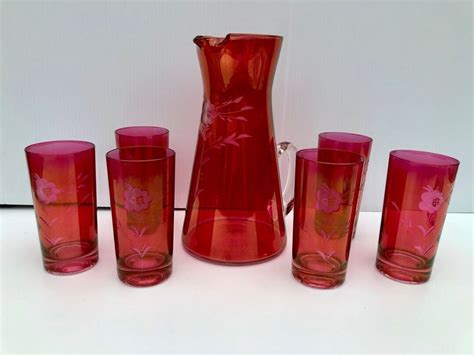 Antique Vintage Federal Glass Cranberry Red Etched Flower Etsy Pitcher Set Vintage Wire