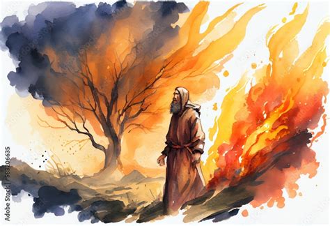 Watercolor Illustration Of A Moses And The Burning Bush Painting Generative Ai Stock