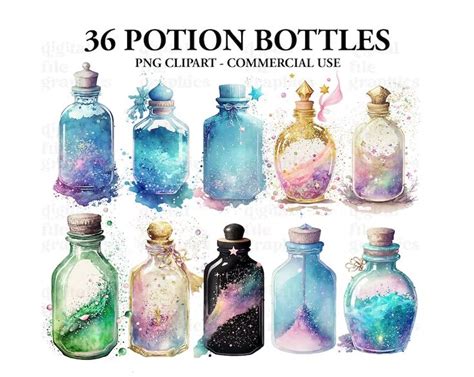 Witches Potion Bottles Акварельный клипарт Волшебное Etsy Беларусь