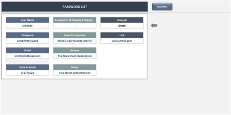 Password List Excel Template Password Manager Password - Etsy