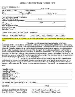 Fillable Online Springers Summer Camp Release Form