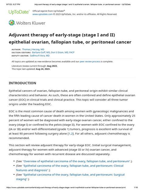 Adjuvant Therapy Of Early Stage Stage I And Ii Epithelial Ovarian Fallopian Tube Or