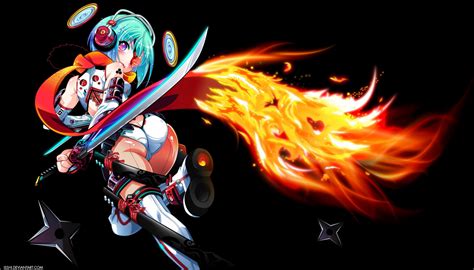 Wallpaper Illustration Anime Girls Fire Katana Original