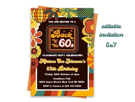 Editable 60s Themed Birthday Party Invitation Retro Etsy In 2023