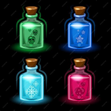 Premium Vector Set Magic Glass Bottles Cartoon Style Isolated Black Background