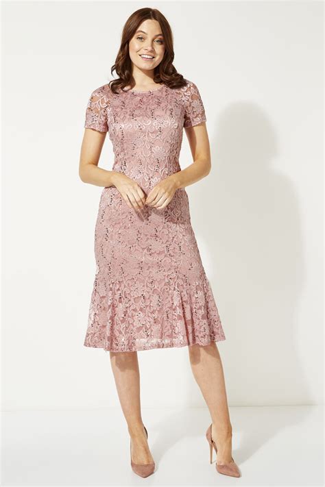 Lace Detail Fit And Flare Dress In Light Pink Roman Originals Uk