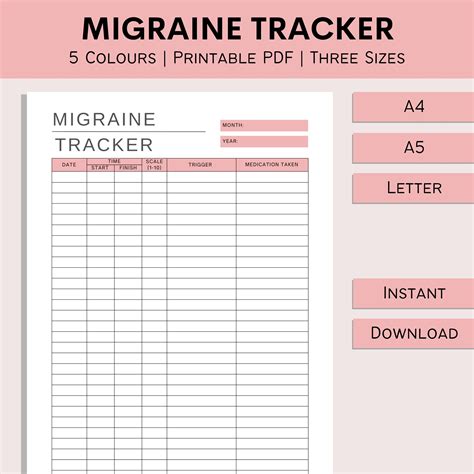 Migraine Tracker Printable Headache Log Health Journal Headache