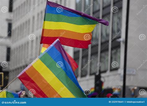 Rainbow Gay Pride Flags At An Lgbt Gay Pride Solidarity Parade Stock