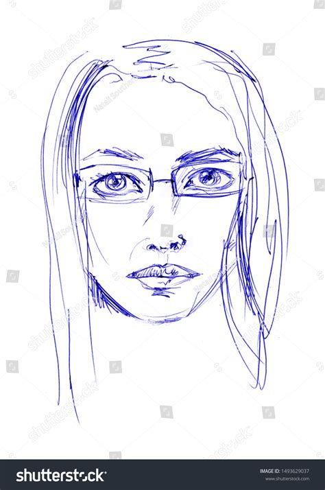 Sketching Portrait Young Girl Glasses Drawing Stock Illustration