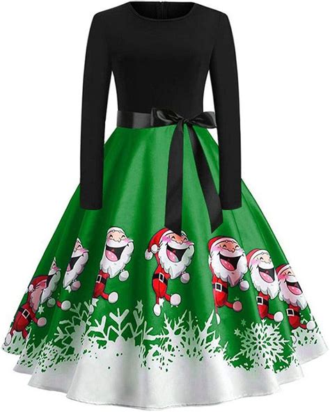 Christmas Vintage Dress Women Elegant Long Sleeve Print Dresses O Neck