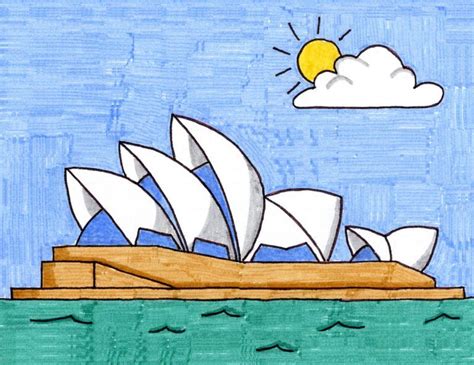 A Drawing Of The Sydney Opera House In Blue And Green Water With Clouds