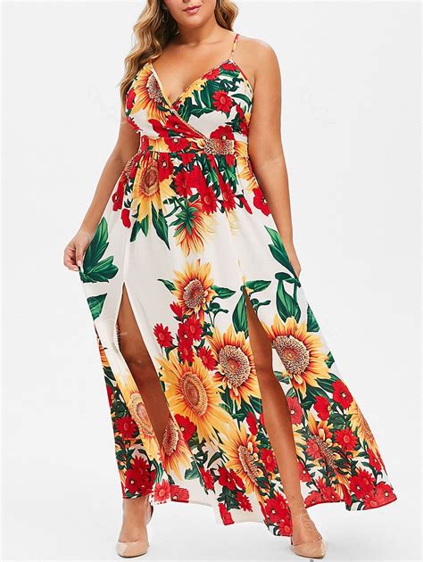 [35 Off] Plus Size High Slit Sunflower Print Maxi Dress Rosegal