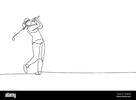 Single Continuous Line Drawing Of Young Happy Golf Player Swing The