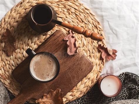 Cozy Hygge Autumn And Winter Coffee Flat Lay On Bed Stock Image Image