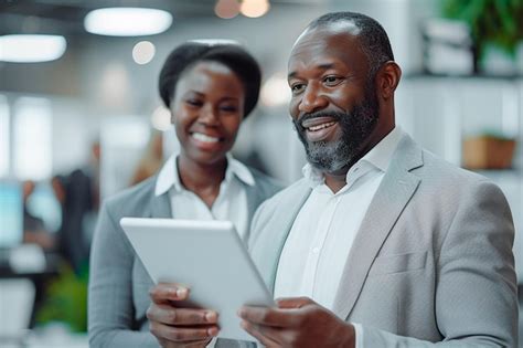 Dos Profesionales De Negocios Afroamericanos Alegres Compartiendo Ideas