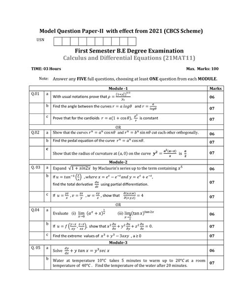 21mat11 Calculus Differential Equations 2022 Model Question Paper 2