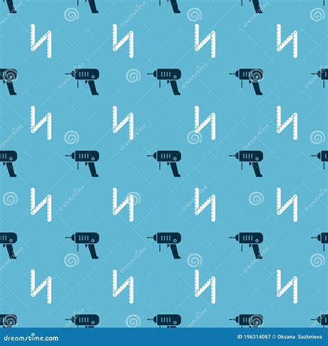 Set Electric Drill Machine And Folding Ruler On Seamless Pattern