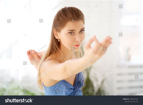 Beautiful Blonde Girl Stretches Her Hand Stock Photo 1369207922