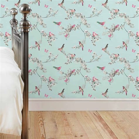 £10.00 for Beautiful birds duck-egg wallpaper duck egg green | deal-direct.co.uk