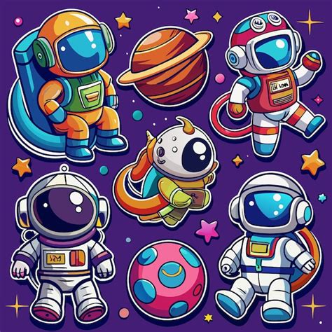 Caracteres De Dibujos Animados De Astronautas Flotando En El Espacio Con Planetas Y Estrellas