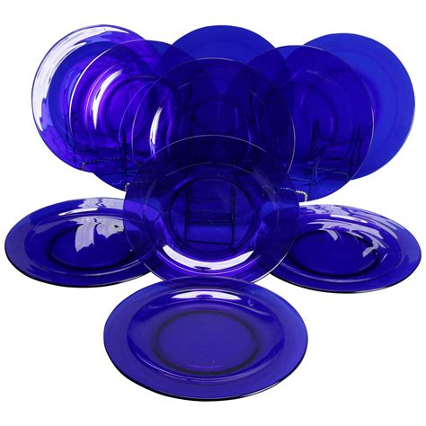 Ten Vintage Steuben School Cobalt Blue Wide Rim Dinner Art Glass Plates