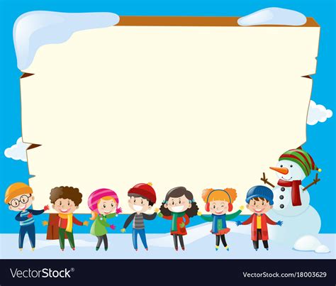 Border template with children in winter Royalty Free Vector