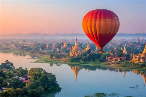 Hot Air Balloon Over Ancient Pagodas In Myanmar Stock Image Image Of Pagoda Landscape