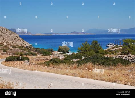 Looking Down Towards Kania Beach On The Greek Island Of Halki Stock