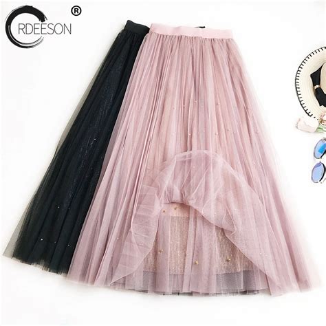 Ordeeson Midi Tulle Black Long Pleated Skirt Skirts Womens Clothing