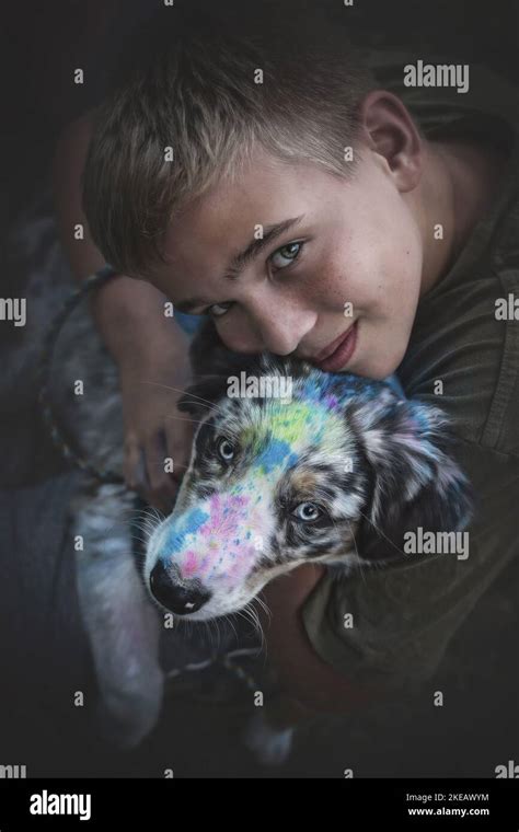 Boy With Australian Shepherd Stock Photo Alamy