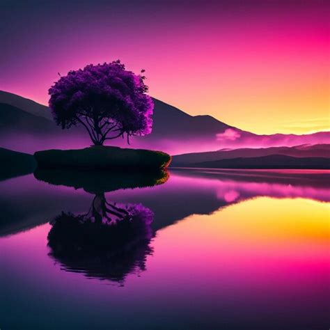 Premium AI Image | A purple sunset over a lake surrounded by trees